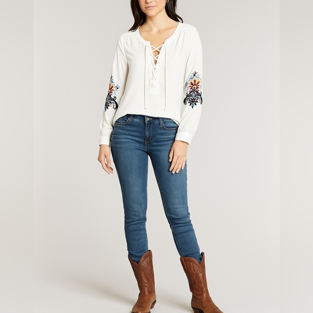 Lace-Up Embroidered Sleeve Women's Top - White